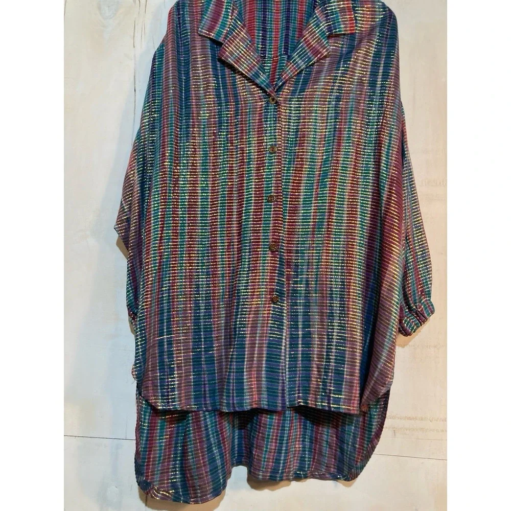 Handmade Button Down Shirt Women‎ Sz L Multi-Color Metallic Lurex Plaid Tunic - Picture 7 of 13